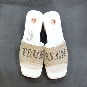 BRAND NEW TRUE RELIGION EMBELLISHMENTS BLOCK HEEL MULE  OPEN GLITTER SANDAL